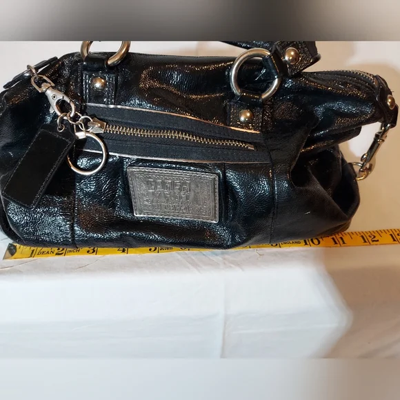 Coach Poppy Black Patent Leather Satchel With Silver Hardware And Teal Lining - Picture 11 of 12